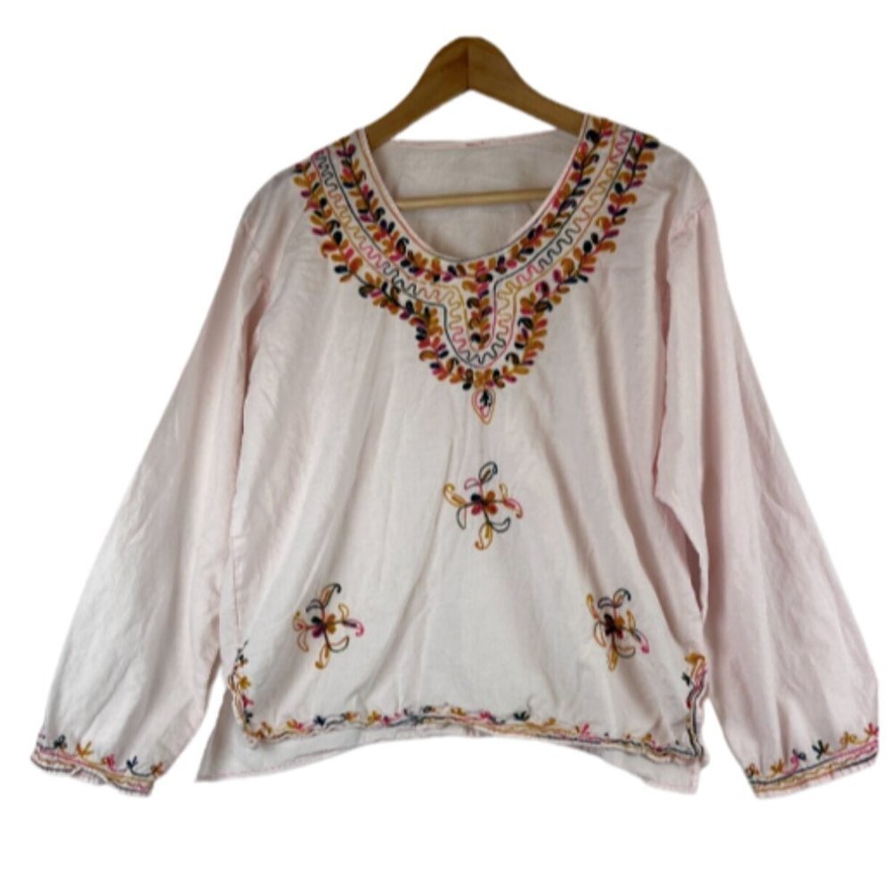 Women's Pale Pink Embroidered Cotton Blouse Size M